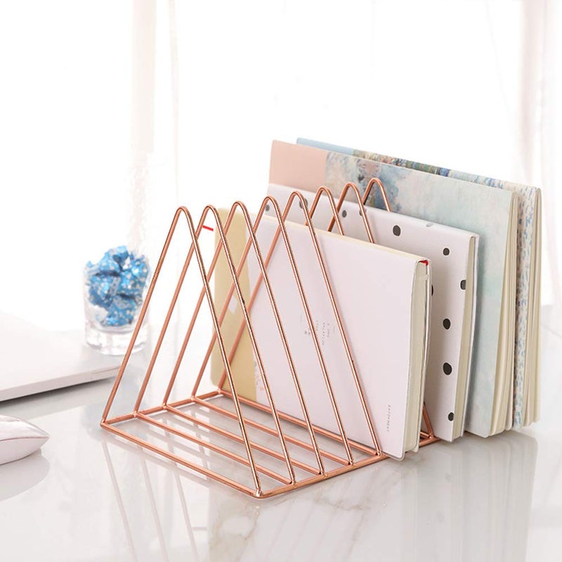 Sooyee 9 Slot Rose Gold Magazine Holder,Desktop File Sorter Organizer Triangle Bookshelf Decor Home Office - Image 1